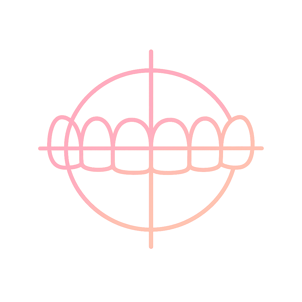 Dental Veneers in Dubai — Types, Benefits & Trusted Guidance | LumiQuest Dental Circle Gradient outline icon of six upper front teeth with digital grid lines, symbolizing computer-aided smile design and precise planning for veneers.