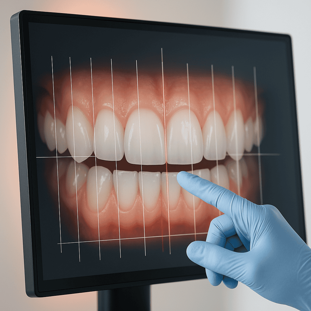 Gloved hand pointing at a digital smile design on a monitor, showing aligned teeth with vertical and horizontal guide lines — representing precise planning for veneer aesthetics.