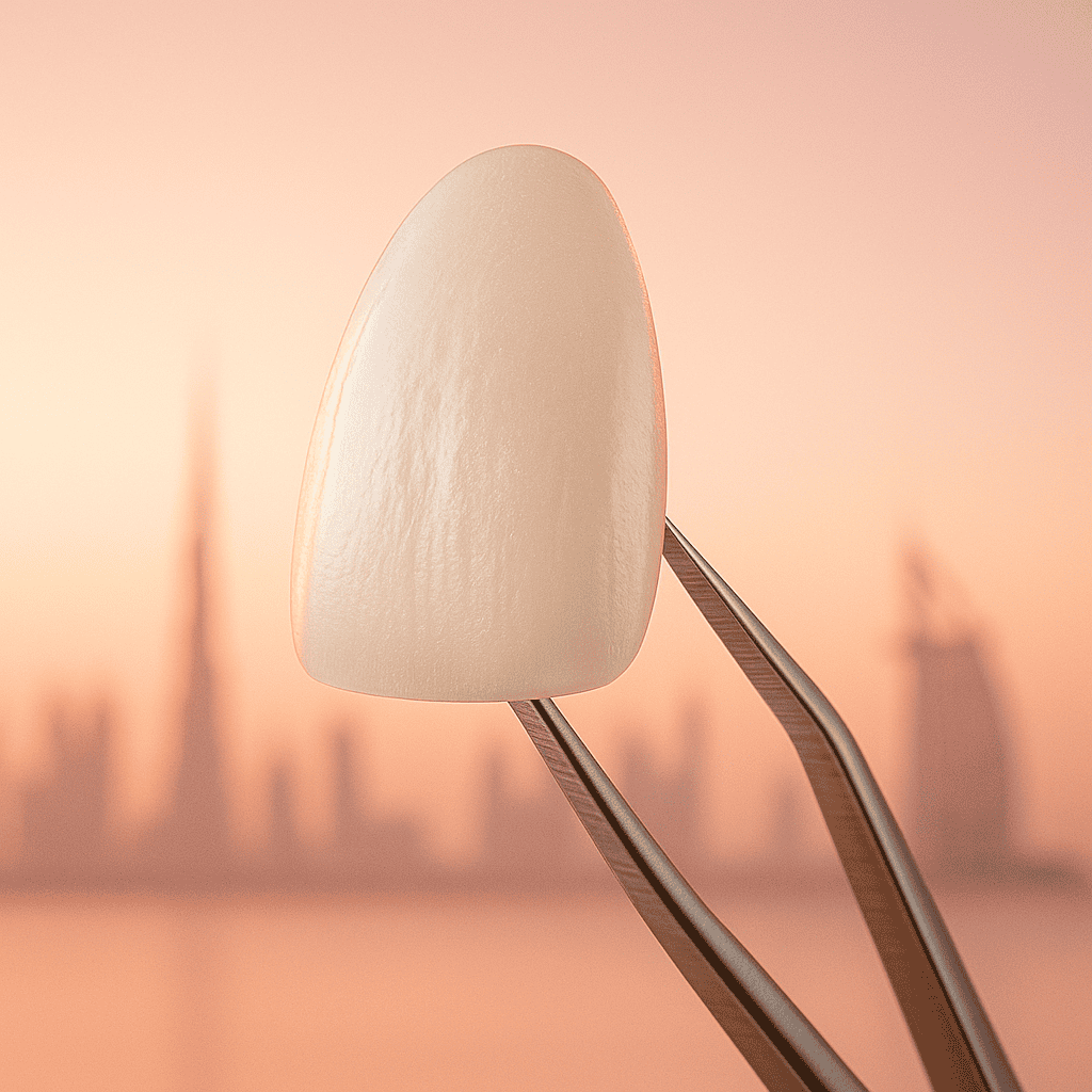 Photorealistic close-up of a thin porcelain dental veneer held by tweezers, with the Dubai skyline softly blurred in the background under warm sunrise light — symbolizing precision craftsmanship and premium cosmetic dentistry in Dubai.