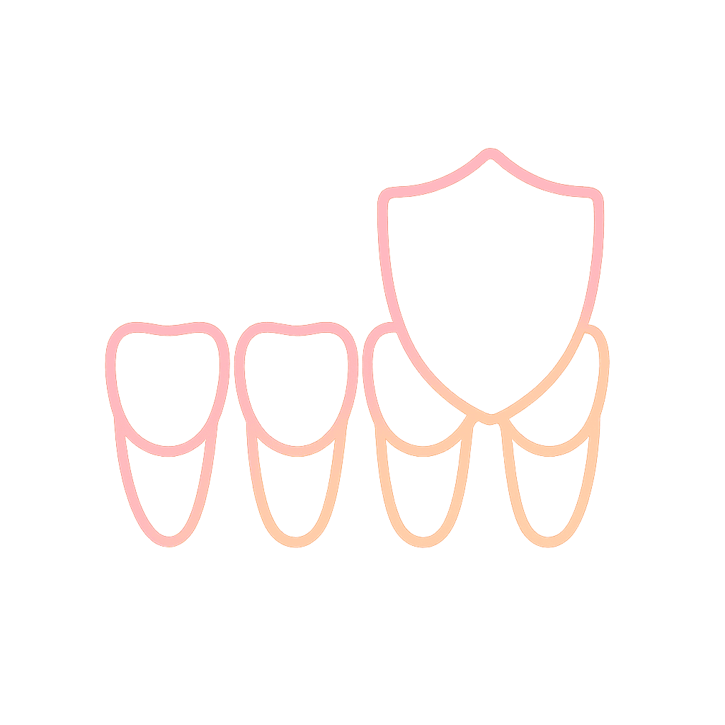 Dental Veneers in Dubai — Types, Benefits & Trusted Guidance | LumiQuest Dental Circle Premium gradient icon of four to six front teeth covered by a thin protective layer, representing enamel preservation and minimal tooth preparation in veneer treatments.