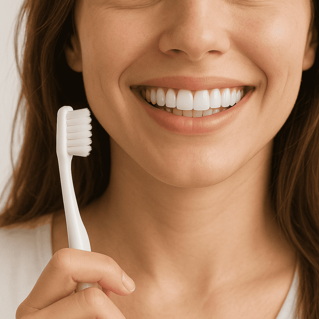 Dental Veneers in Dubai — Types, Benefits & Trusted Guidance | LumiQuest Dental Circle Close-up of a smiling person showing bright, evenly shaped veneers while gently holding a soft-bristle toothbrush near their face. Natural daylight, neutral background, and photorealistic detail symbolize daily care and lasting confidence.