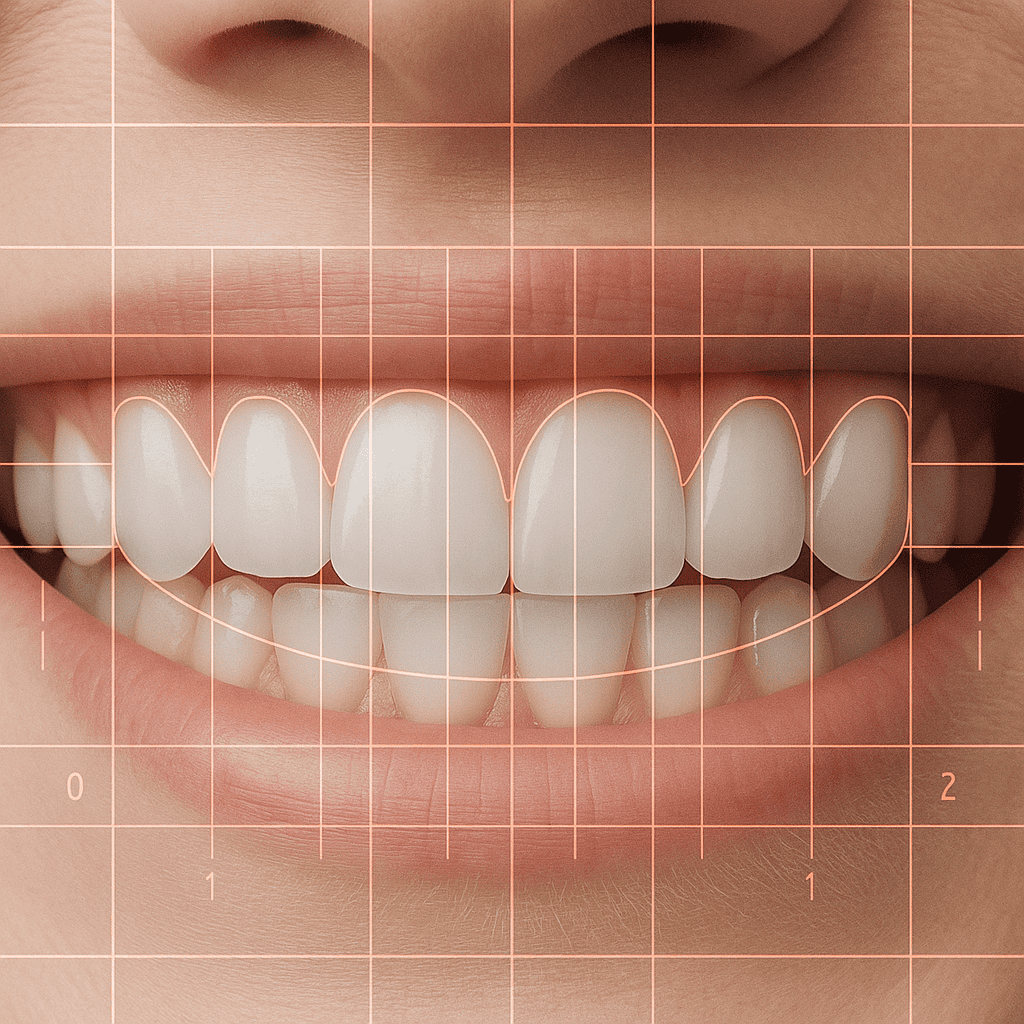 Close-up of a smiling mouth showing perfectly aligned, natural-looking veneers. Subtle digital symmetry and grid lines overlay the teeth to illustrate precise smile design and proportion analysis under warm, natural lighting.