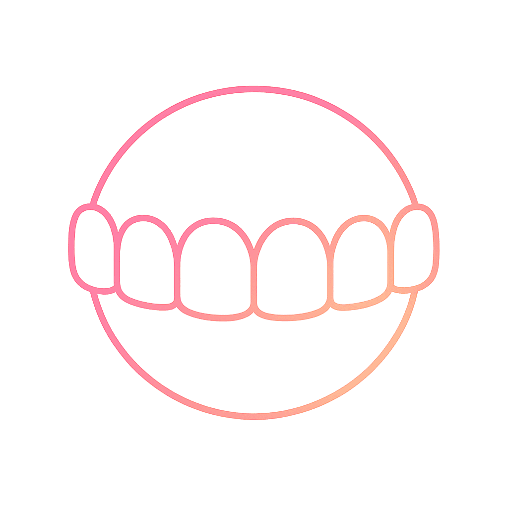 Dental Veneers in Dubai — Types, Benefits & Trusted Guidance | LumiQuest Dental Circle Gradient outline icon showing six aligned front teeth in a gentle smile arc with a color wheel, symbolizing natural shade harmony and balanced aesthetic results in dental veneers.