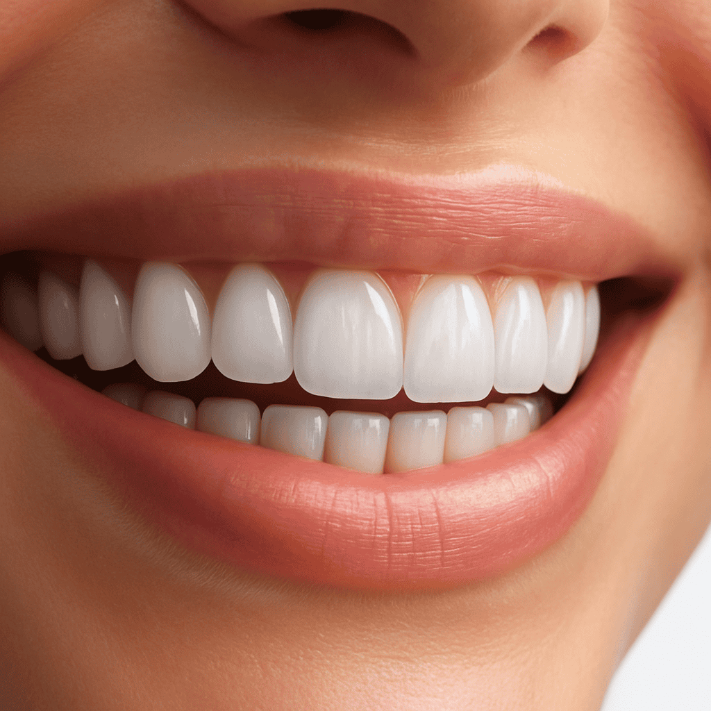 Close-up of a natural smile showing upper and lower porcelain veneers with smooth texture, soft light reflections, and healthy pink gums, illustrating balanced translucency and natural shade harmony.