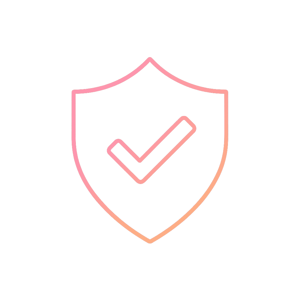 أيقونة بخط متدرّج تُظهر درعًا يحتوي على علامة صح في المنتصف، ترمز إلى القيمة الموثوقة والعناصر المشمولة المعتمدة. خطوط متوهّجة بتدرّج وردي إلى برتقالي على خلفية شفافة، بتصميم مت矢ّر بسيط وراقي يعكس أسلوبًا فاخرًا.