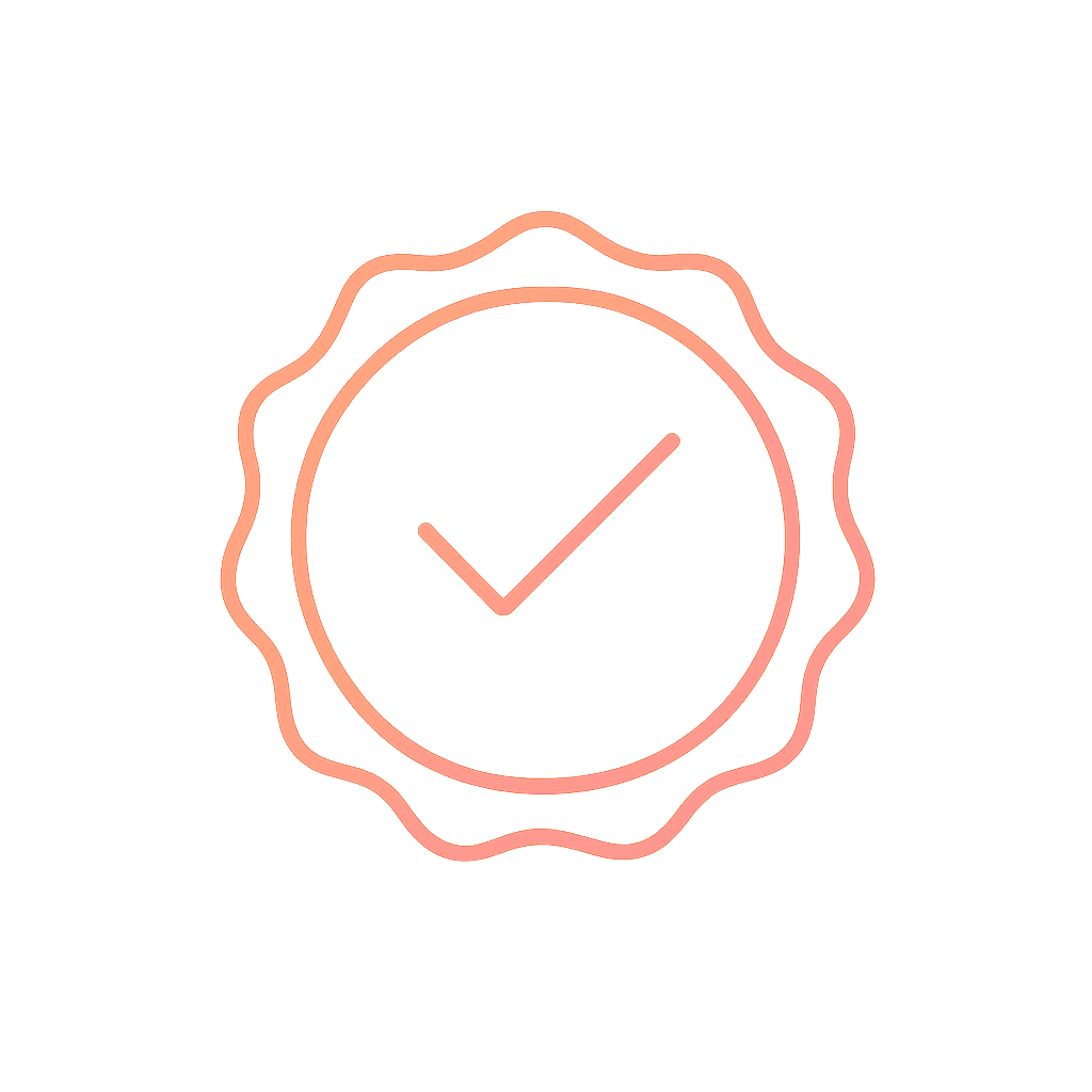 Dental Crowns & Bridges in Dubai — Durable, Natural Restorative Solutions | LumiQuest Dental Circle Minimalist outline icon of a circular badge with a checkmark inside, drawn with an orange-to-pink gradient stroke, symbolizing vetted and trusted restorative clinics.