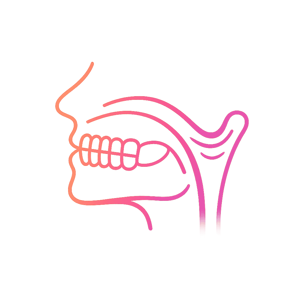 Sleep Apnea in Dubai — Dental Screening, Oral Appliances & When to Refer | LumiQuest Dental Circle أيقونة خطّية متدرّجة بأسلوب بسيط تُظهر مجرى الهواء ووضعية الفك، ترمز إلى فحص مجرى الهواء السني ضمن تقييم انقطاع النفس أثناء النوم.