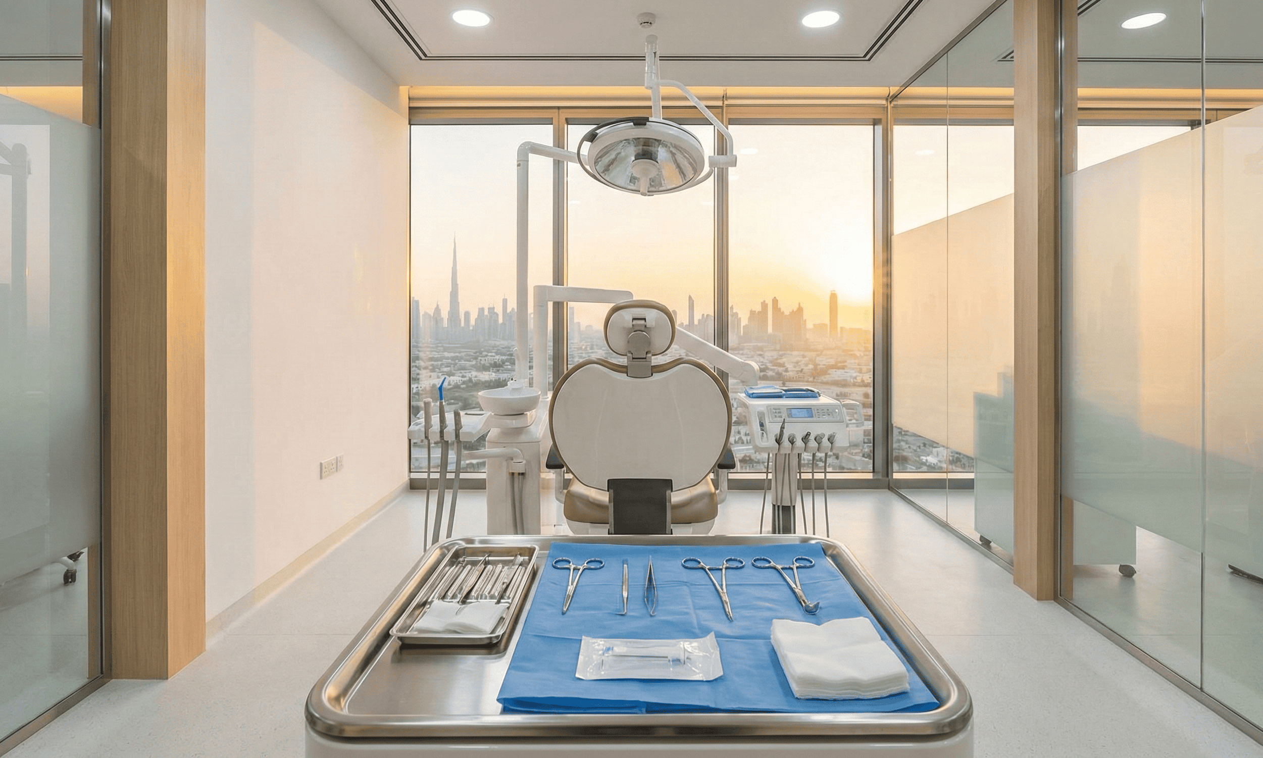 Sterilized dental instruments and treatment room prepared for oral surgery.