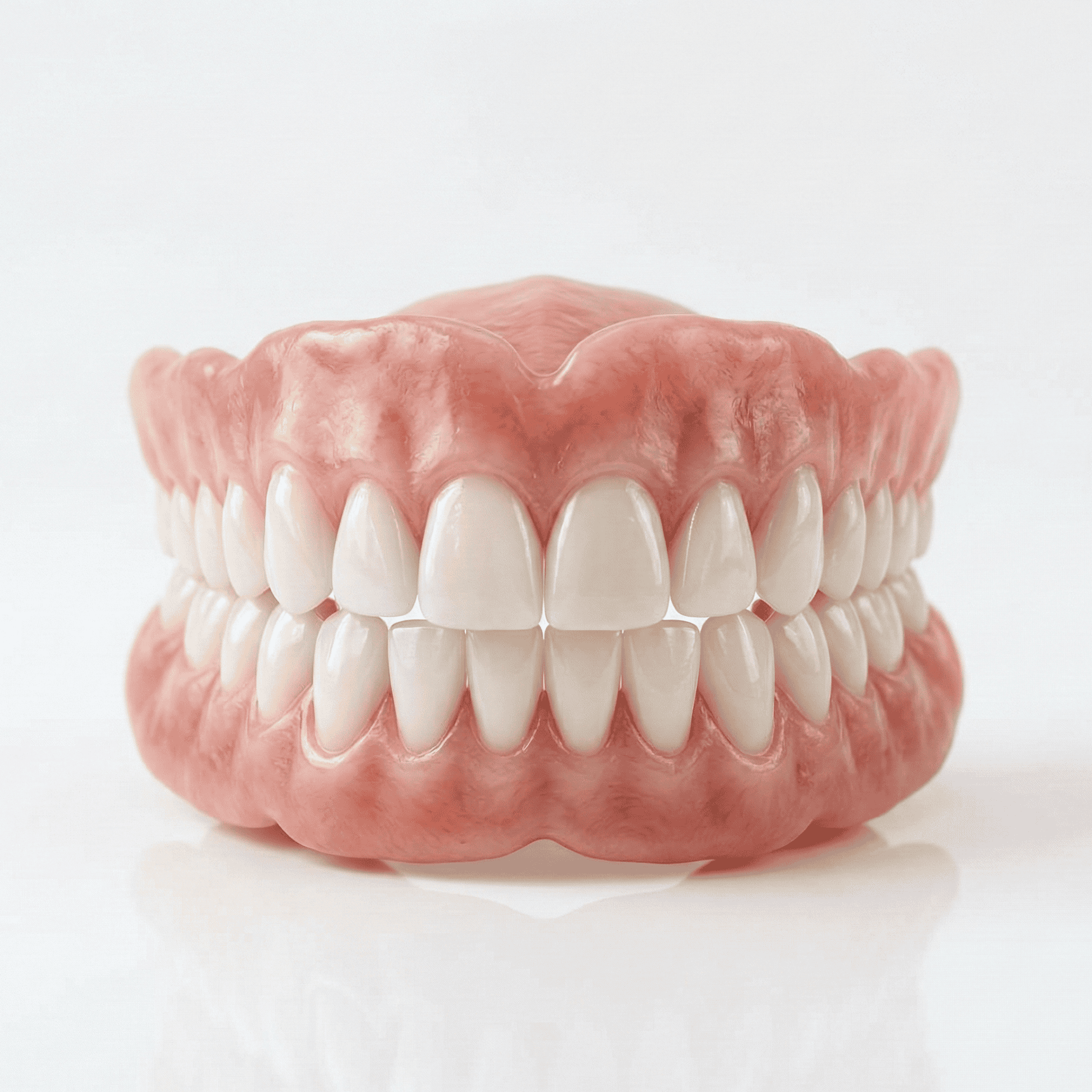 Photorealistic image of a full removable denture showing upper and lower artificial teeth set in a pink acrylic gum base, representing complete tooth replacement.
