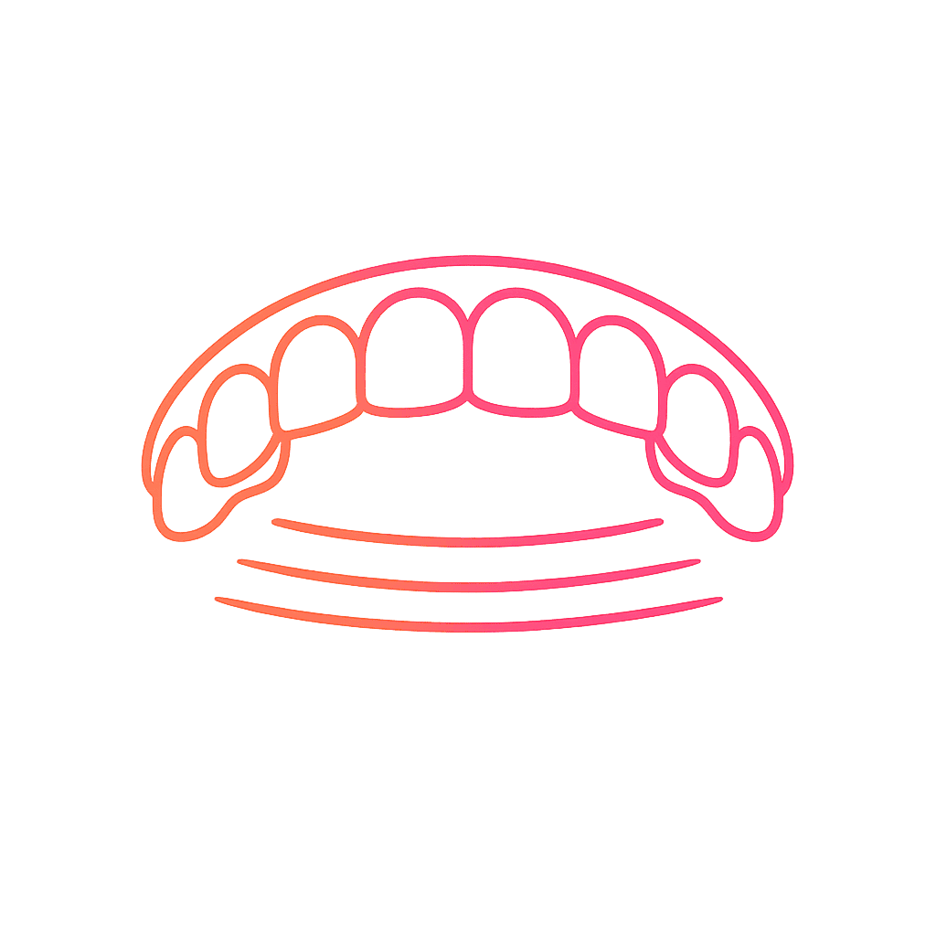 Minimalist gradient outline icon of a tooth arch with subtle bite lines, symbolizing restored chewing function with dentures.