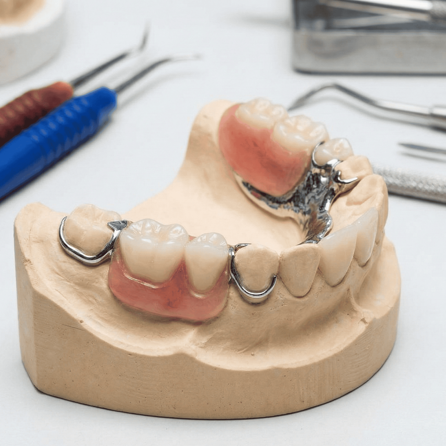 Photorealistic image of a removable partial denture mounted on a dental model, showing artificial teeth, pink acrylic gum base, and metal clasps used for tooth replacement.