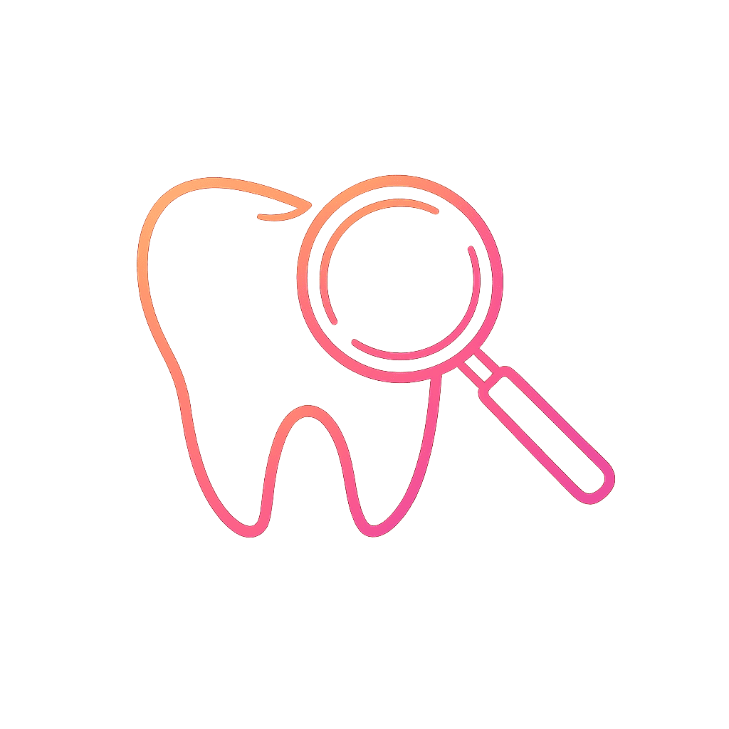 Minimalist gradient outline icon of a magnifying glass over a tooth, symbolizing independent assessment and ethical care standards.