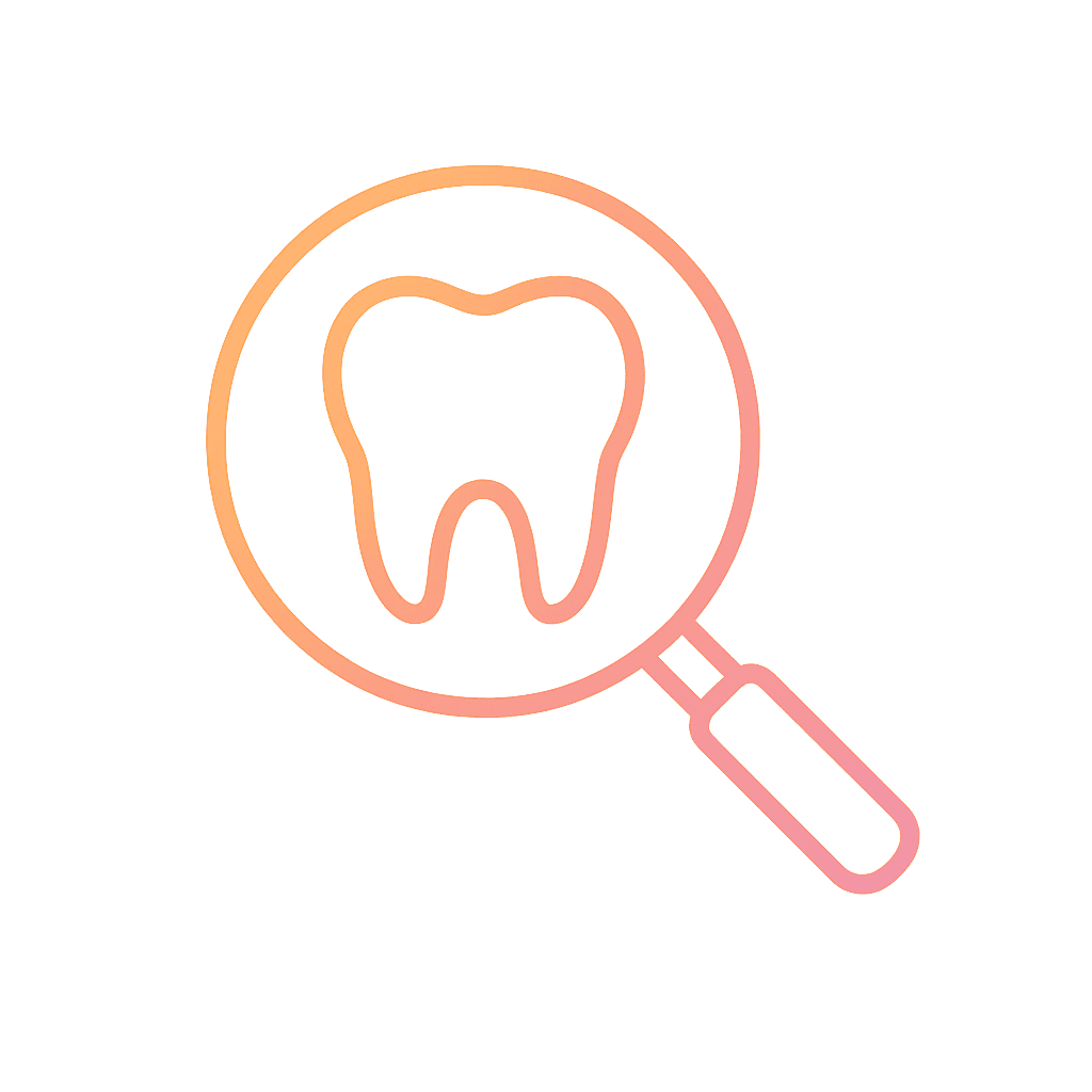 Oral Surgeon in Dubai — Expert Surgical Care for Complex Dental Issues | LumiQuest Dental Circle أيقونة بخطوط خارجية متدرجة لعدسة مكبّرة فوق سن.