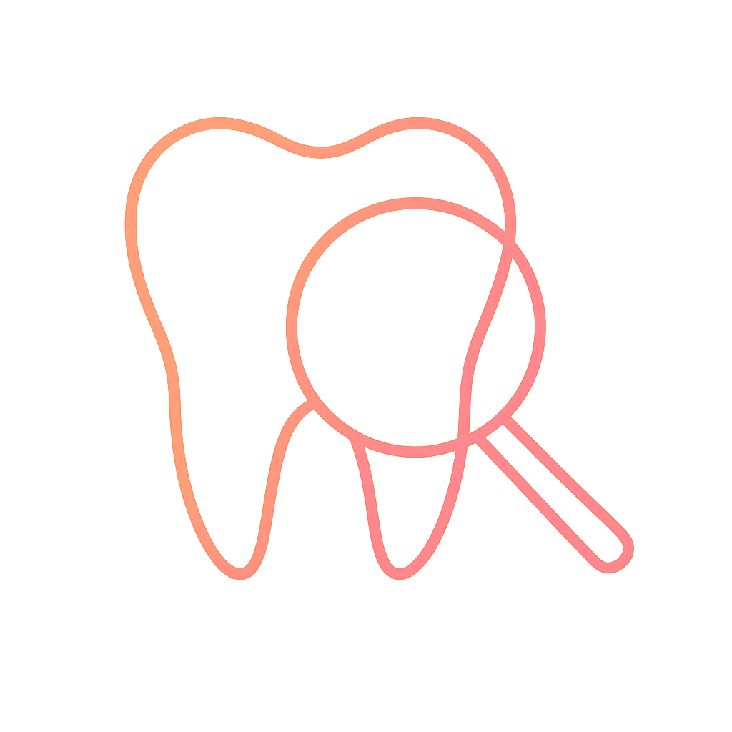 Minimalist gradient outline icon of a magnifying glass over a tooth, symbolizing independent evaluation and vetted dental care.
