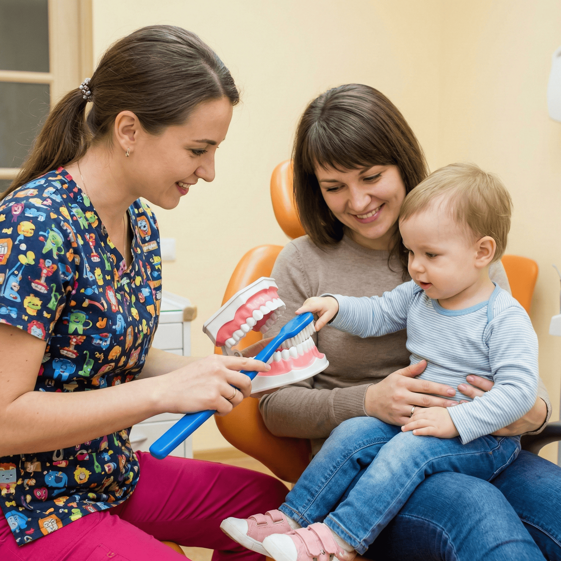 Pediatric dentist demonstrating brushing technique on a dental model to a parent and young child during an early, preventive dental visit focused on guidance and comfort.