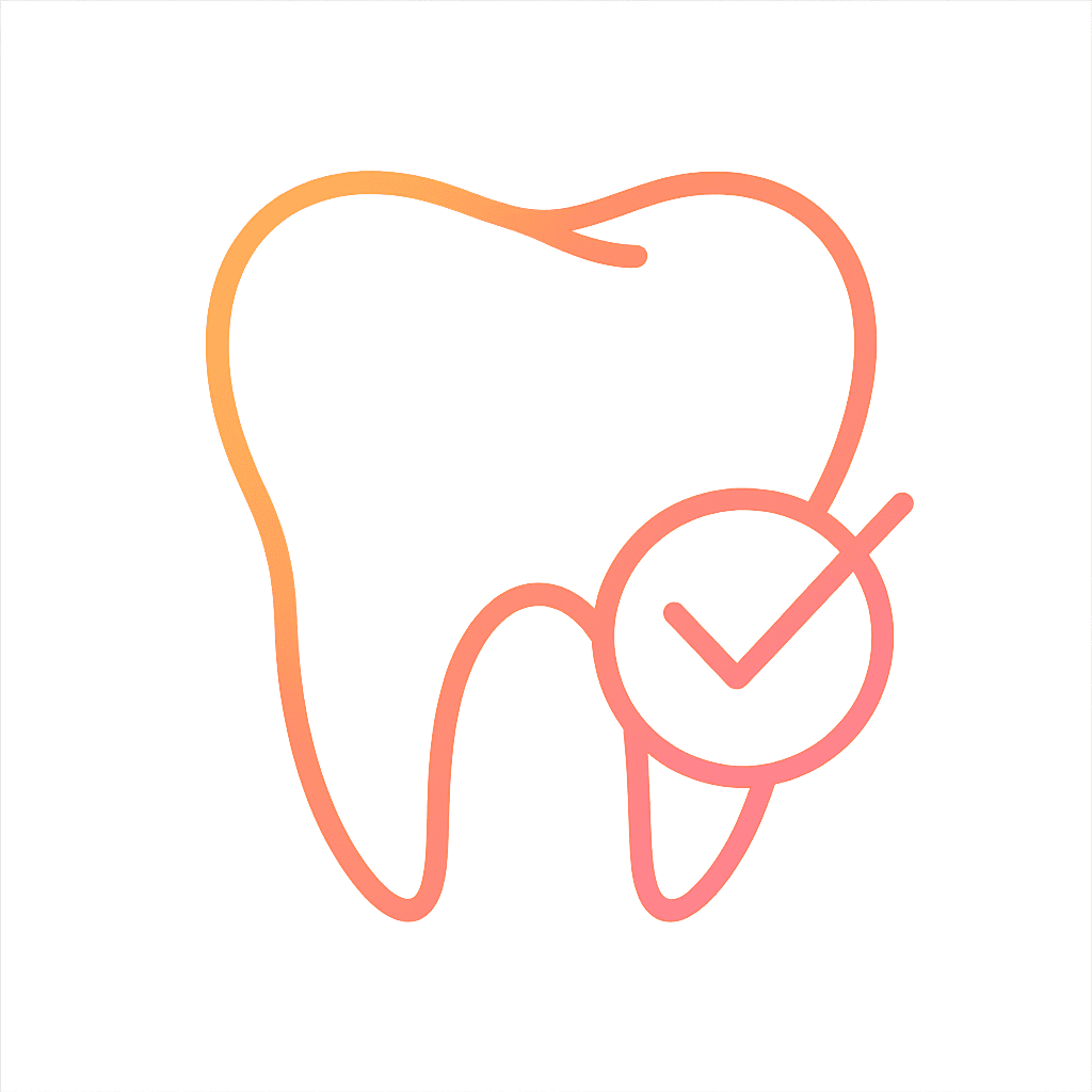 Minimalist gradient outline icon of a tooth with a checkmark, representing diagnosis-led decision-making and preserving teeth whenever possible.