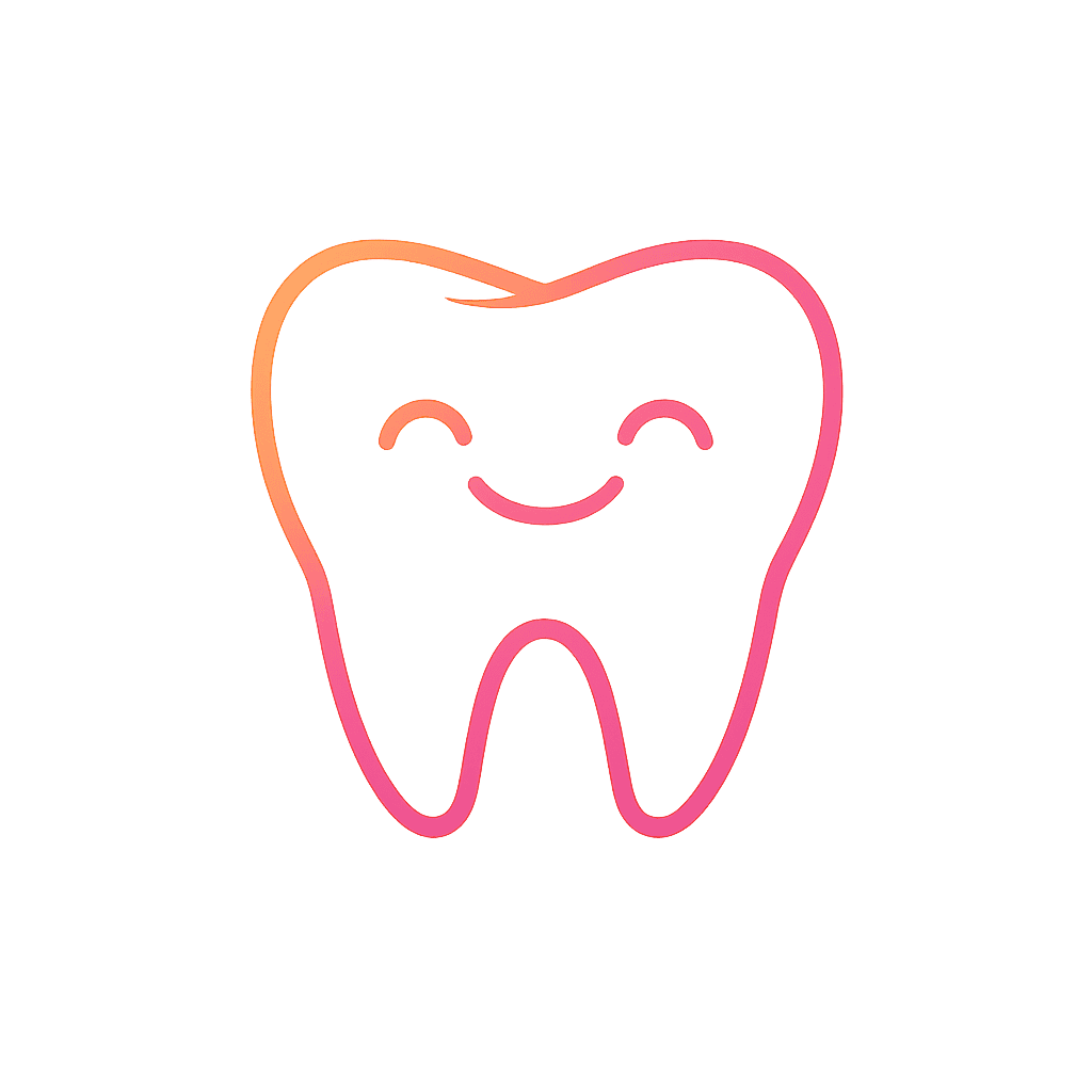 Minimalist gradient outline icon of a smiling child tooth, symbolizing trust, comfort and child-friendly dental care.