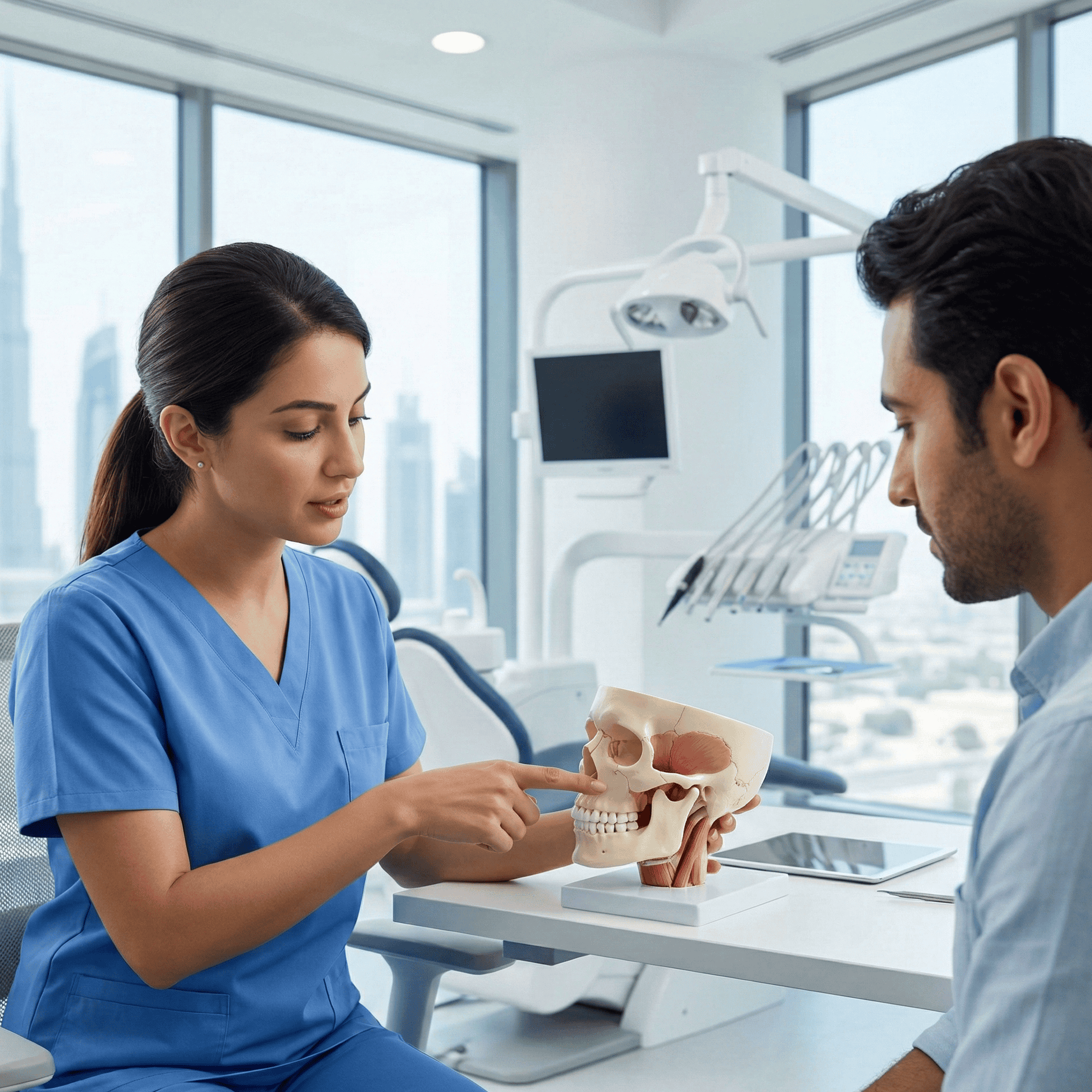 اختصاصي أسنان يشرح تشريح مفصل الفك لمريض باستخدام نموذج للجمجمة خلال تقييم TMJ في عيادة أسنان حديثة.