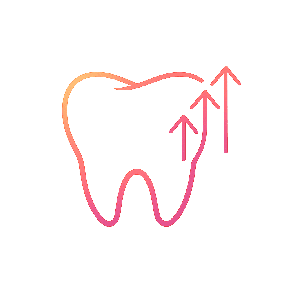 Minimalist gradient outline icon of a tooth with growth arrows, symbolizing prevention, monitoring and oral development.