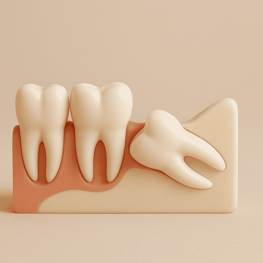 تصميم ثلاثي الأبعاد واقعي لضرس عقل معروض داخل مكعب أكريليك شفاف على خلفية دافئة ومحايدة، يُظهر بنية الجذور والتاج بتفاصيل سريرية مع إضاءة احترافية ناعمة.