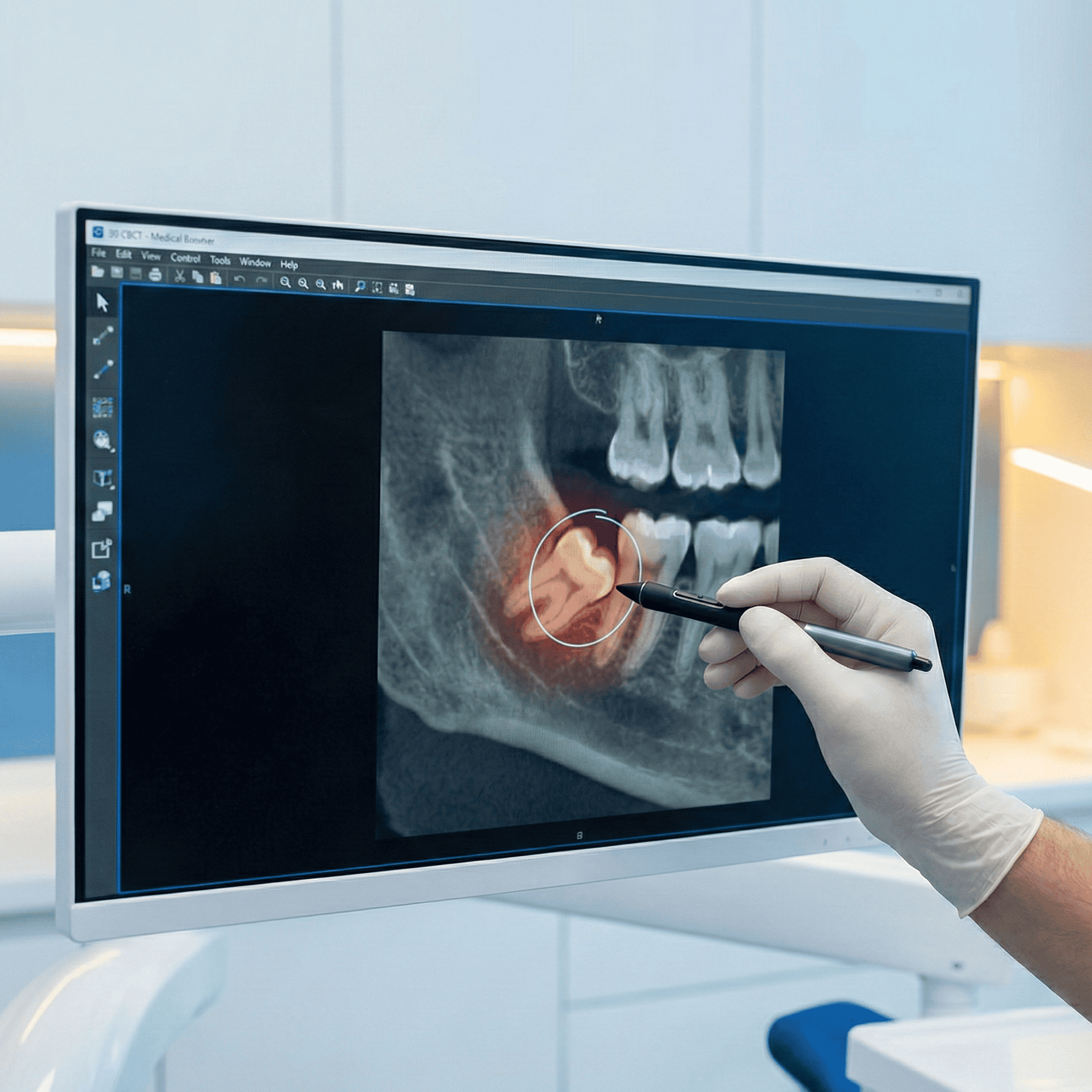 لقطة مقربة ليد طبيب أسنان مرتدية قفازاً تستخدم قلماً رقمياً للإشارة إلى ضرس عقل مطمور (مدفون) ومُظلّل باللون الأحمر على شاشة فحص حزم الأشعة المخروطية (CBCT)، مما يوضح التقييم التشخيصي المستخدم لتحديد مدى تعقيد الجراحة.
