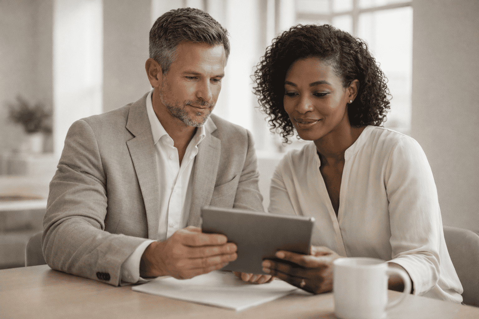 Two professionals reviewing information together on a tablet in a bright, modern workspace