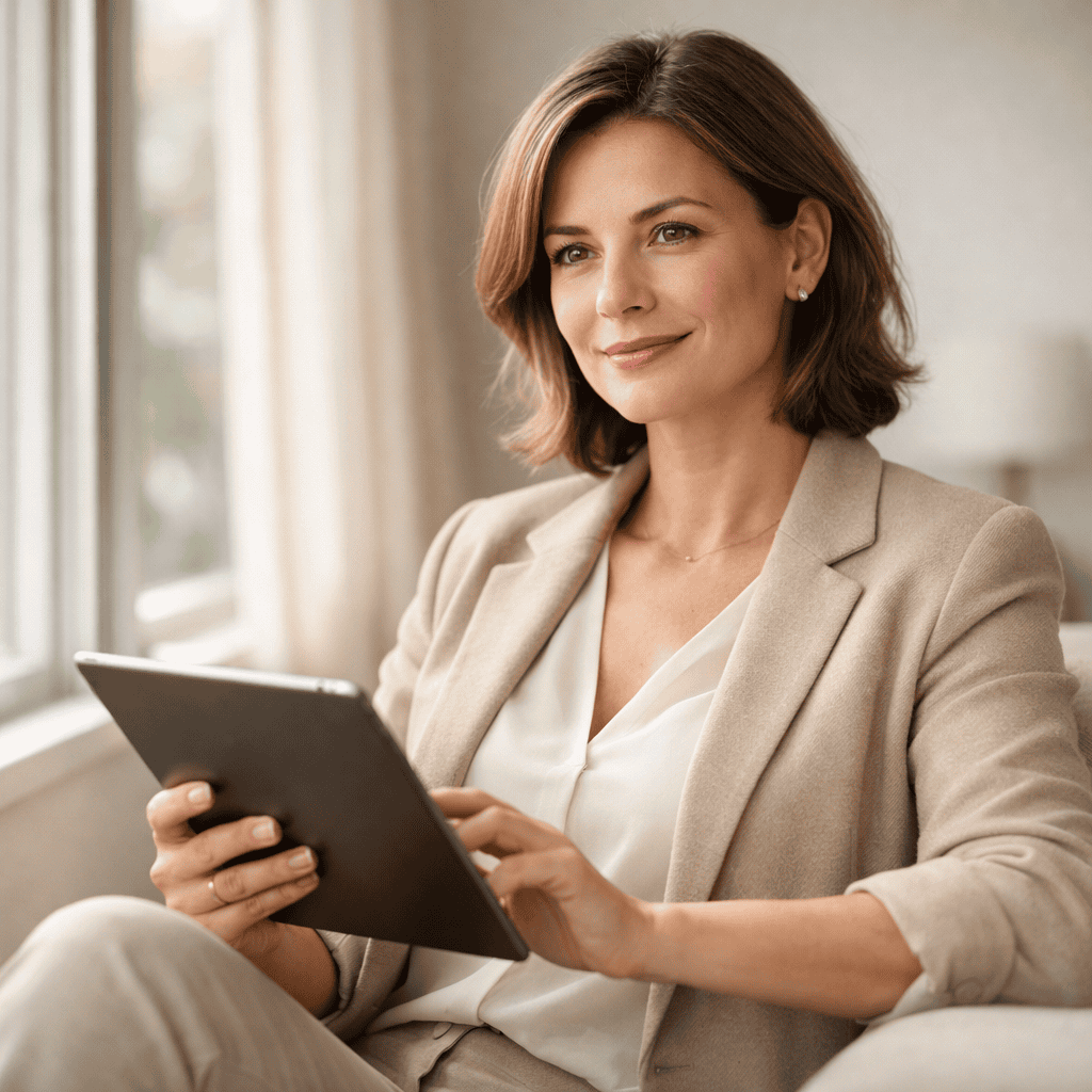 Confident woman reviewing information on a tablet near a window in a calm, modern interior