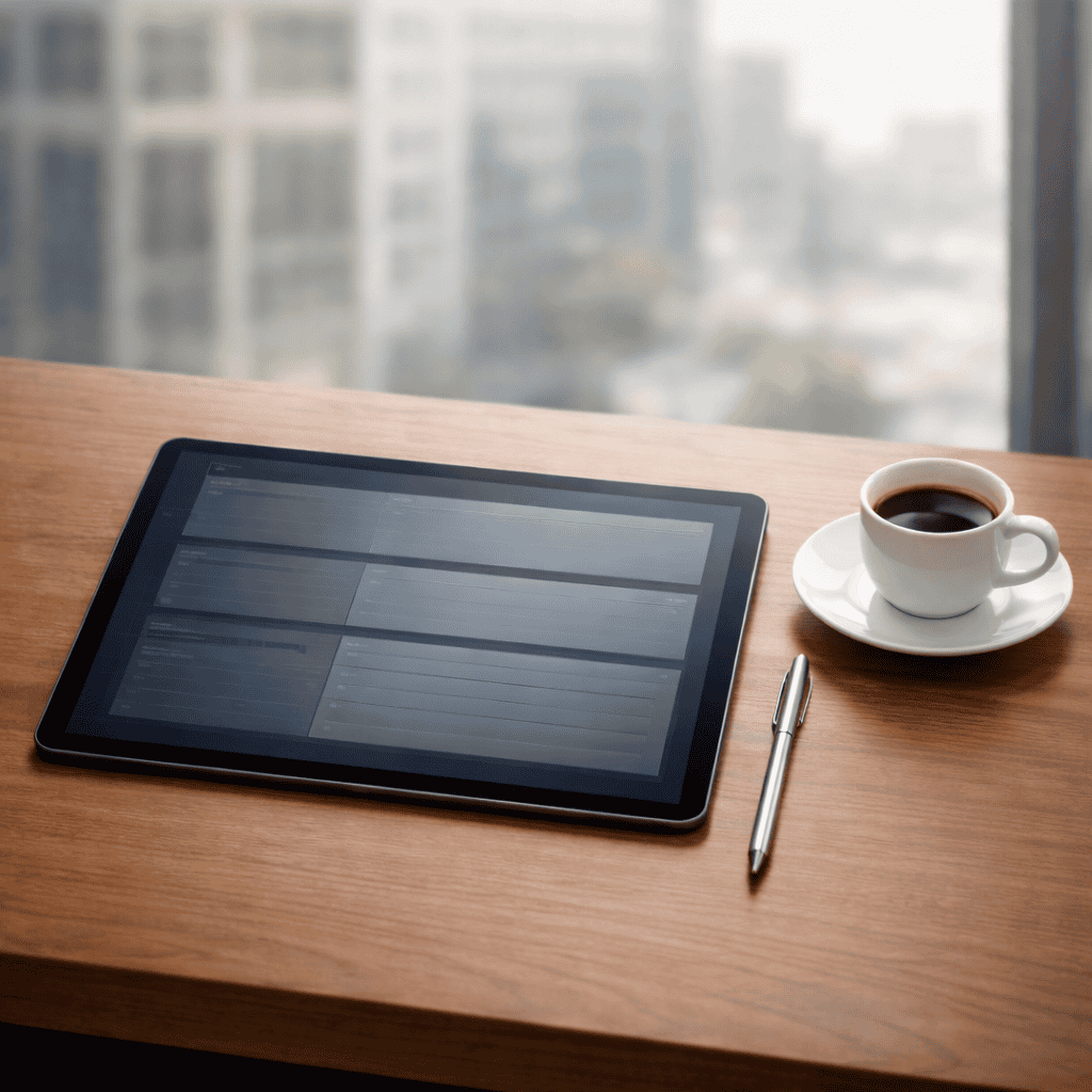 Tablet displaying a structured planning interface on a wooden desk beside a pen and a cup of coffee, symbolizing organized cost evaluation and thoughtful decision-making.