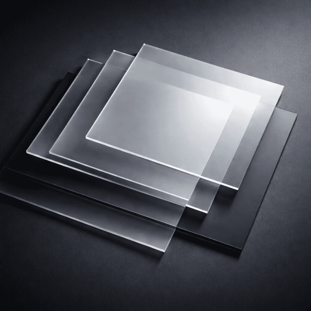 Layered translucent panels stacked with precision on a dark surface, symbolizing structured cost drivers and layered treatment planning.